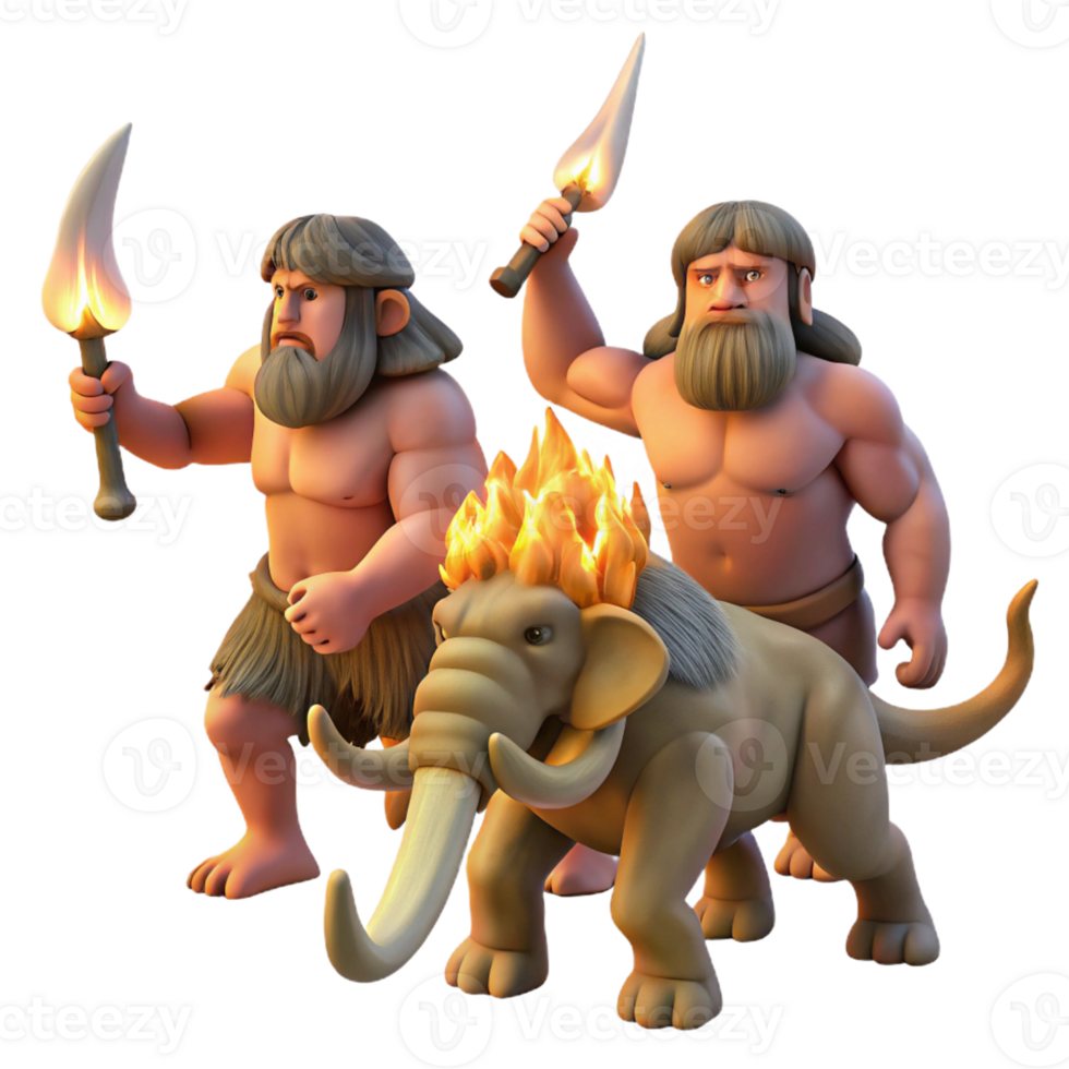 beautiful minimalist A group of cavemen hunting a woolly mammoth, lit by the flickering flames of torches. Prehistoric art style, dynamic action genuine png