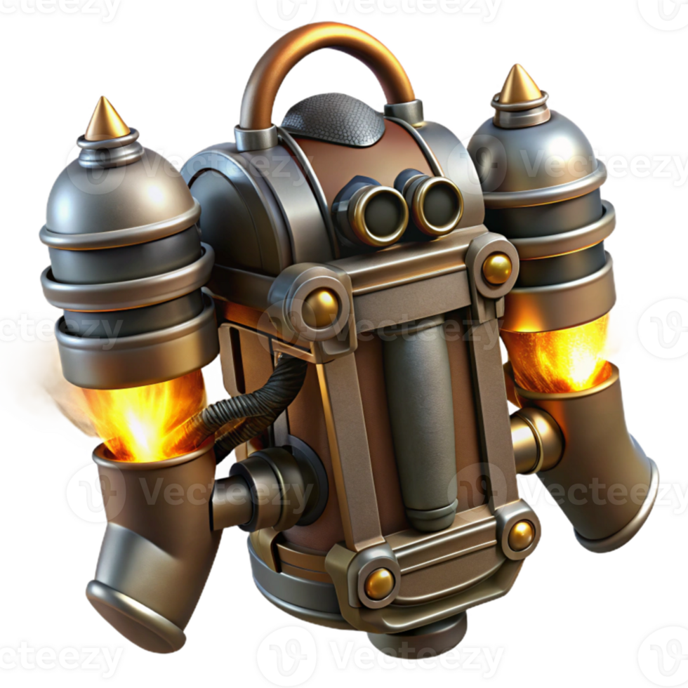 dramatic contemporary A detailed illustration of a steampunk jetpack, brass nozzles emitting steam, dramatic, backlighting authentic png