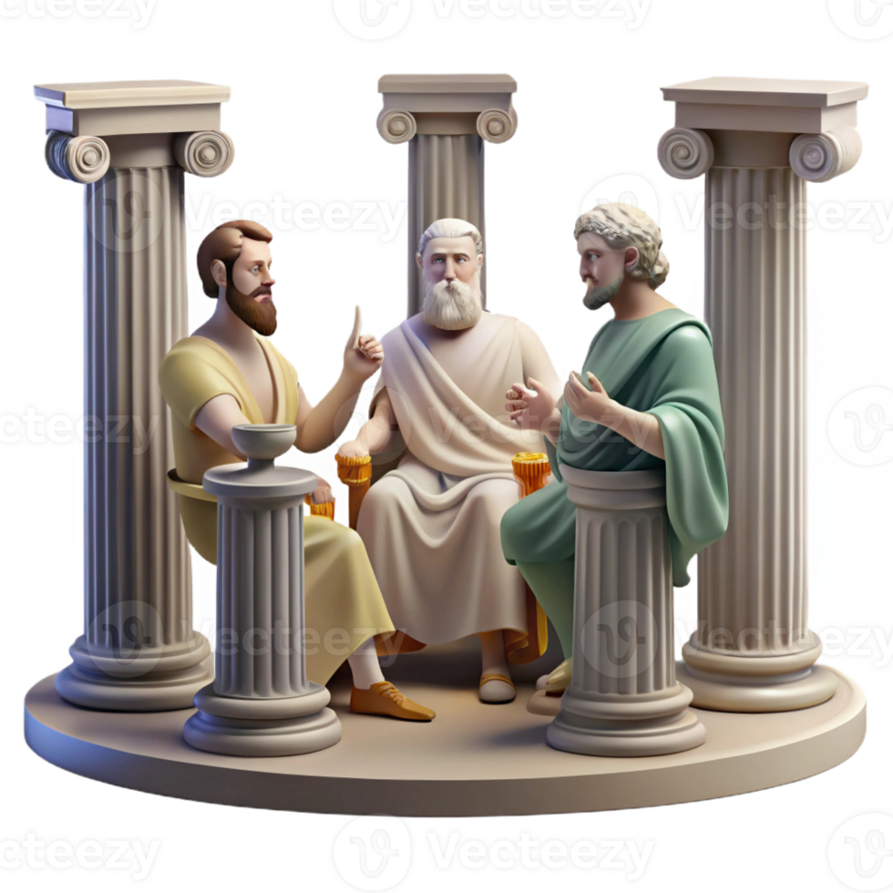 beautiful classic A group of ancient Greek philosophers debating in the Agora, lit by bright sunlight. Classical art style, realistic depictions 4K png