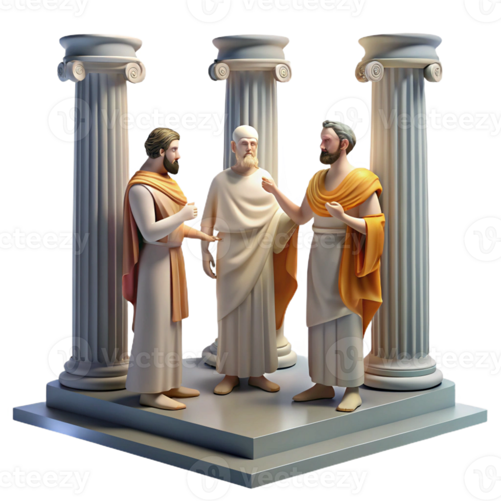 vibrant classic A group of ancient Greek philosophers debating in the Agora, lit by bright sunlight. Classical art style, realistic depictions high quality png