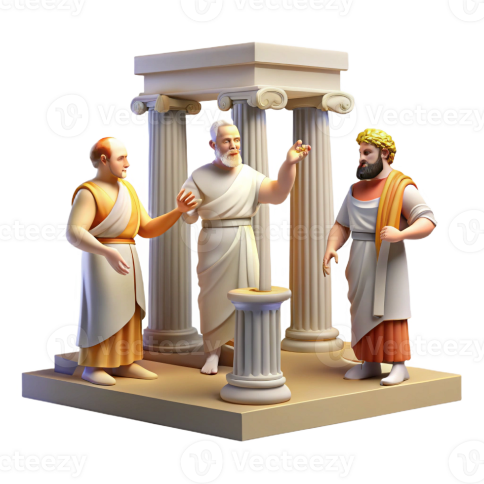 beautiful creative A group of ancient Greek philosophers debating in the Agora, lit by bright sunlight. Classical art style, realistic depictions authentic png