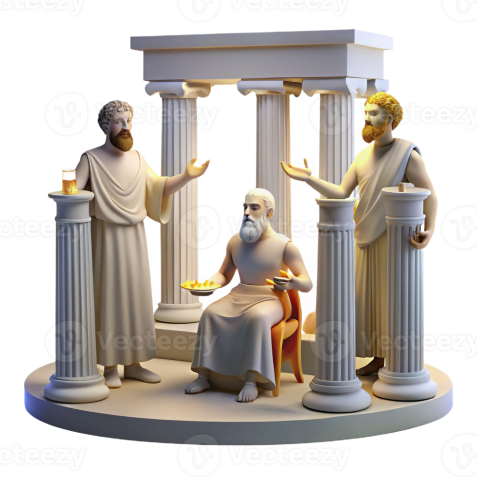 dramatic abstract A group of ancient Greek philosophers debating in the Agora, lit by bright sunlight. Classical art style, realistic depictions genuine png