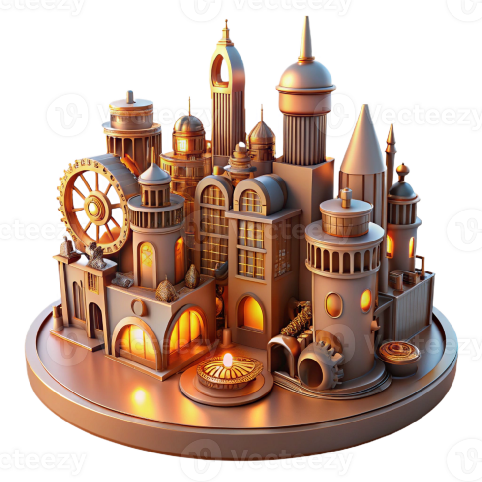 magnificent vintage A steampunk cityscape, towering clockwork buildings, cogs and gears visible, bathed in the warm glow of gaslight high resolution png