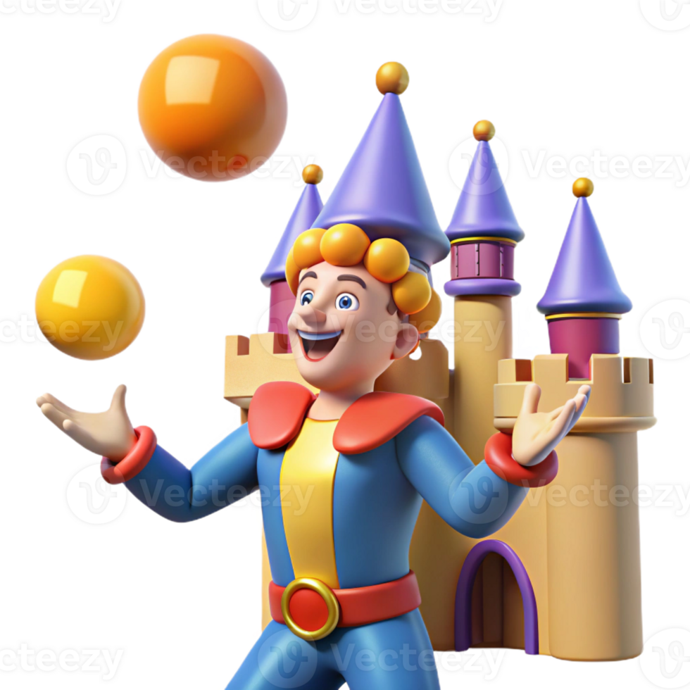 extraordinary modern A medieval jester juggling in a castle courtyard, lit by bright midday sun. Colorful, playful style exclusive png