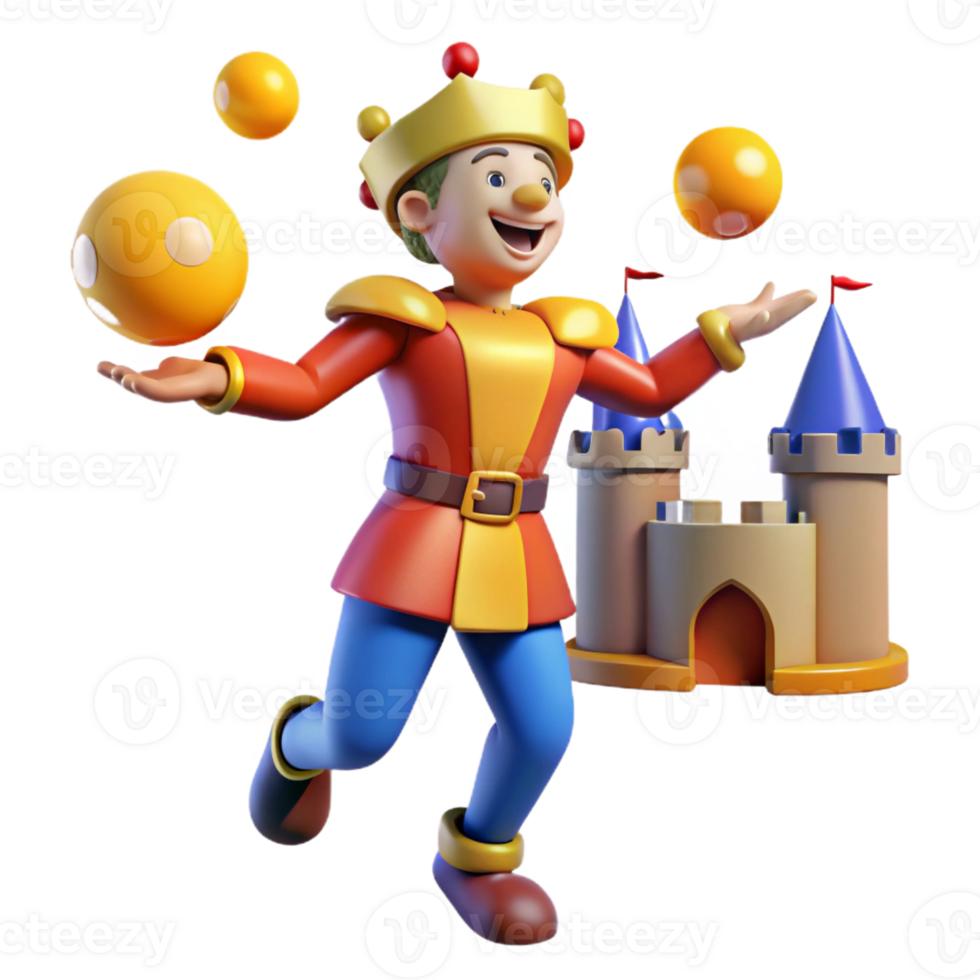 magnificent creative A medieval jester juggling in a castle courtyard, lit by bright midday sun. Colorful, playful style original png