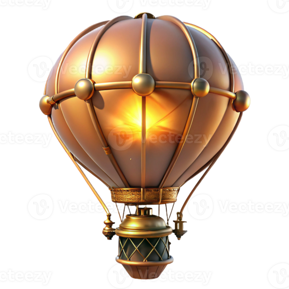 serene minimalist A steampunk hot air balloon, adorned with brass and copper accents, floating against a vibrant sunset, painted style 4K png