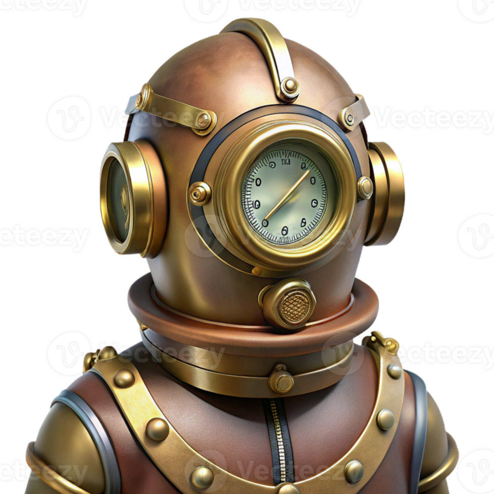 serene rustic A steampunk diving suit, heavy brass helmet and intricate pressure gauges, underwater lighting professional png