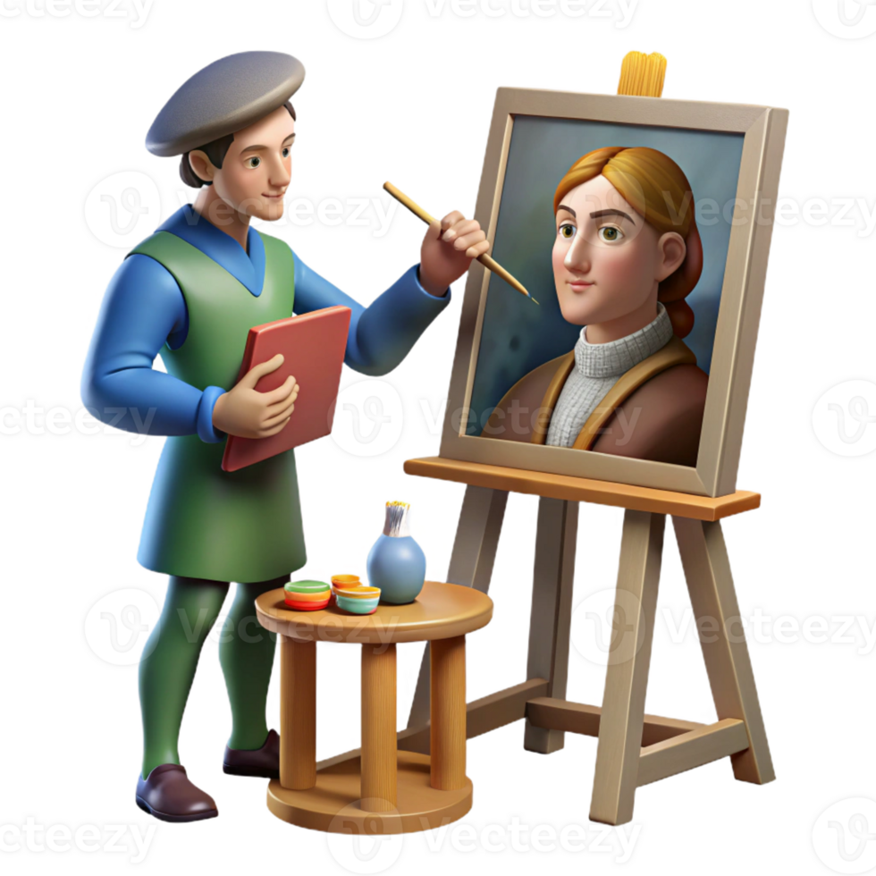 stunning minimalist A Renaissance artist painting a portrait, lit by natural light from a window. Realistic, detailed depiction of the art studio 4K png