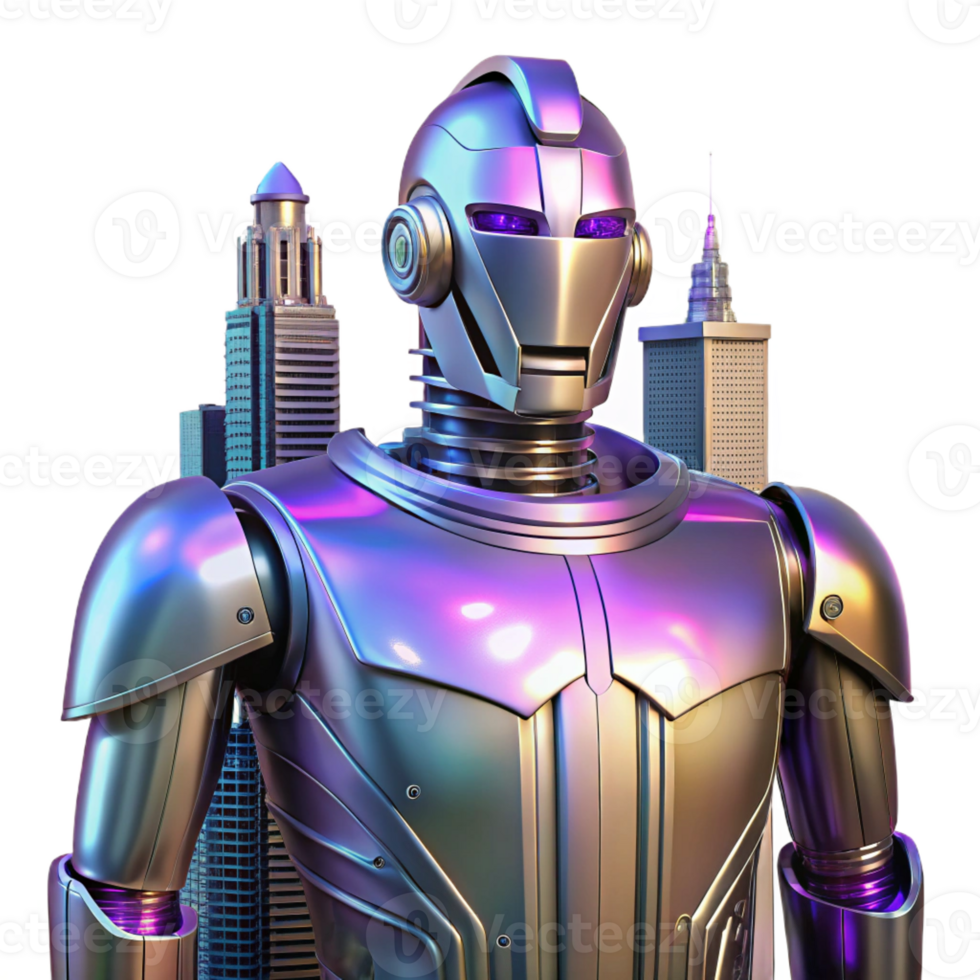 magnificent modern A towering, Art Deco-inspired robotic sentinel stands guard, its polished chrome surface reflecting a neon cityscape, lit by volumetric lighting. Synthwave style high resolution png