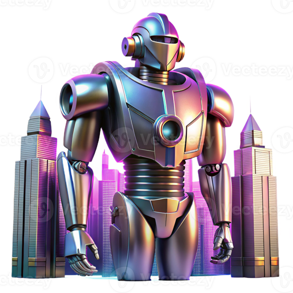 elegant artistic A towering, Art Deco-inspired robotic sentinel stands guard, its polished chrome surface reflecting a neon cityscape, lit by volumetric lighting. Synthwave style original png
