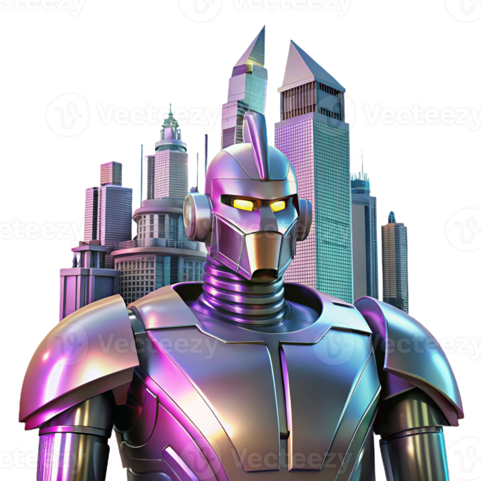 wonderful classic A towering, Art Deco-inspired robotic sentinel stands guard, its polished chrome surface reflecting a neon cityscape, lit by volumetric lighting. Synthwave style original png