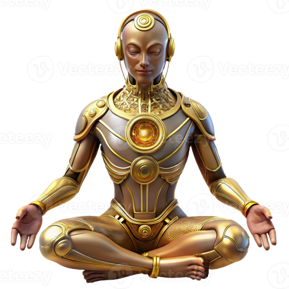 dramatic minimalist A cyborg with intricate, golden circuitry woven into their skin meditates within a crystalline cavern, bathed in soft, bioluminescent light. Biopunk, ethereal style exclusive png