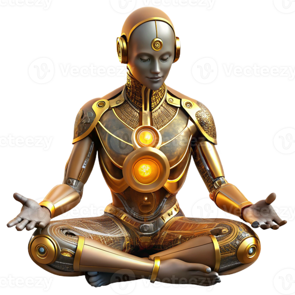 impressive classic A cyborg with intricate, golden circuitry woven into their skin meditates within a crystalline cavern, bathed in soft, bioluminescent light. Biopunk, ethereal style high quality png