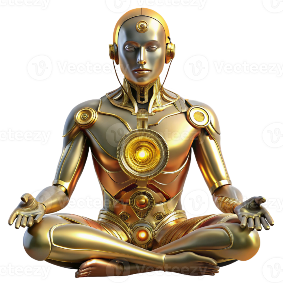 magnificent rustic A cyborg with intricate, golden circuitry woven into their skin meditates within a crystalline cavern, bathed in soft, bioluminescent light. Biopunk, ethereal style authentic png
