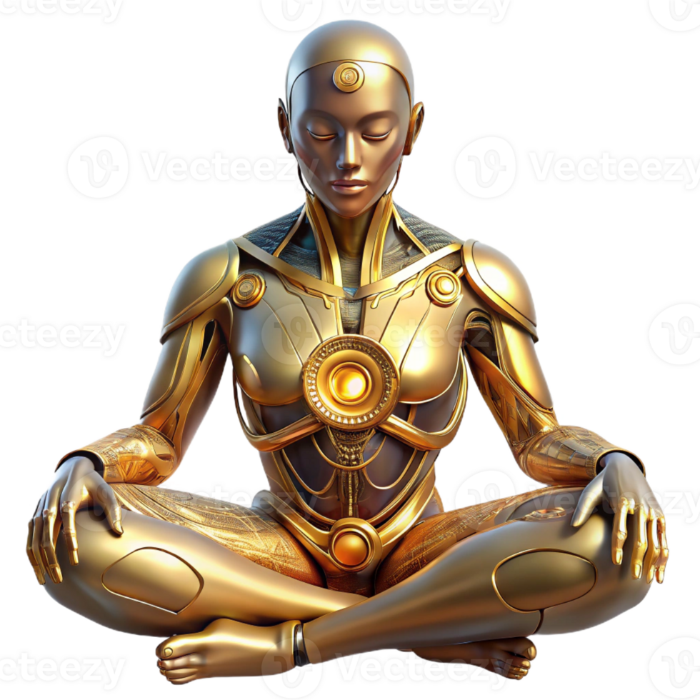 vibrant vintage A cyborg with intricate, golden circuitry woven into their skin meditates within a crystalline cavern, bathed in soft, bioluminescent light. Biopunk, ethereal style exclusive png