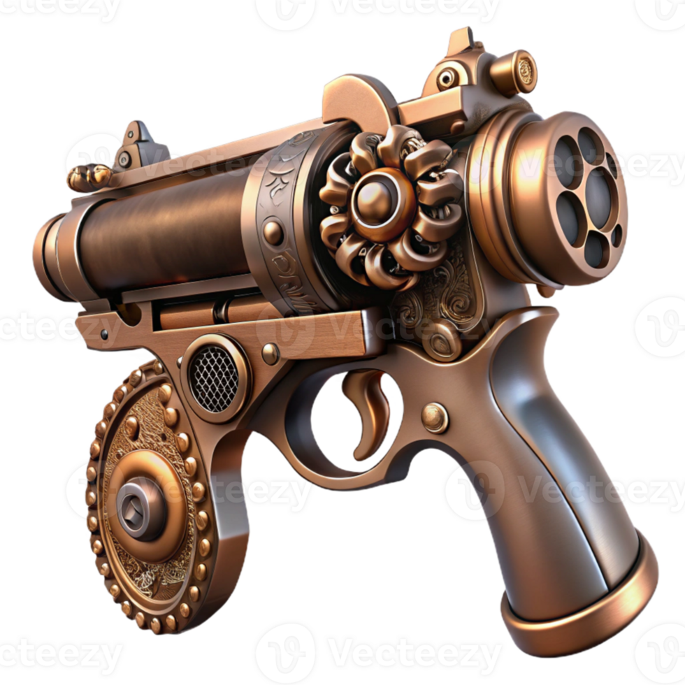 extraordinary traditional A steampunk pistol, ornate carvings and spinning gears, dramatic, chiaroscuro lighting authentic png