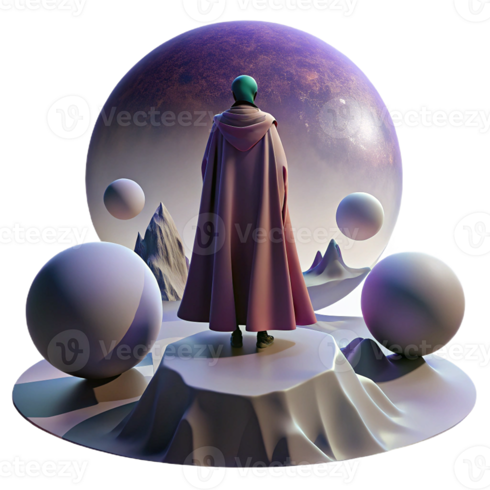 magnificent classic A lone figure in a flowing, futuristic robe stands on a precipice overlooking a vast, alien landscape, bathed in the soft light of a triple moon. Fantasy, romantic style exclusive png