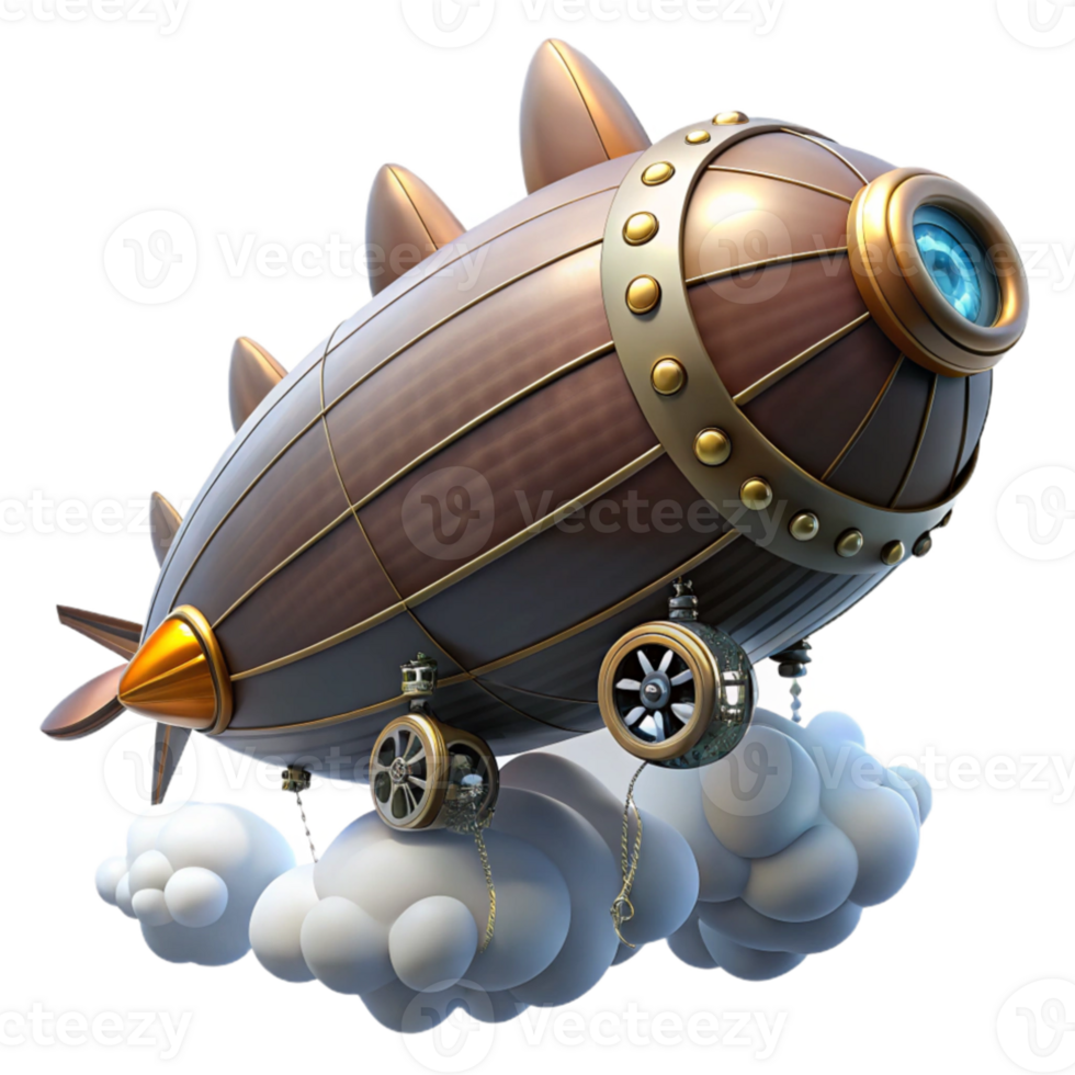 dramatic rustic A steampunk zeppelin, sleek design with visible gears and propellers, soaring through a cloudy sky, dramatic, cinematic lighting genuine png