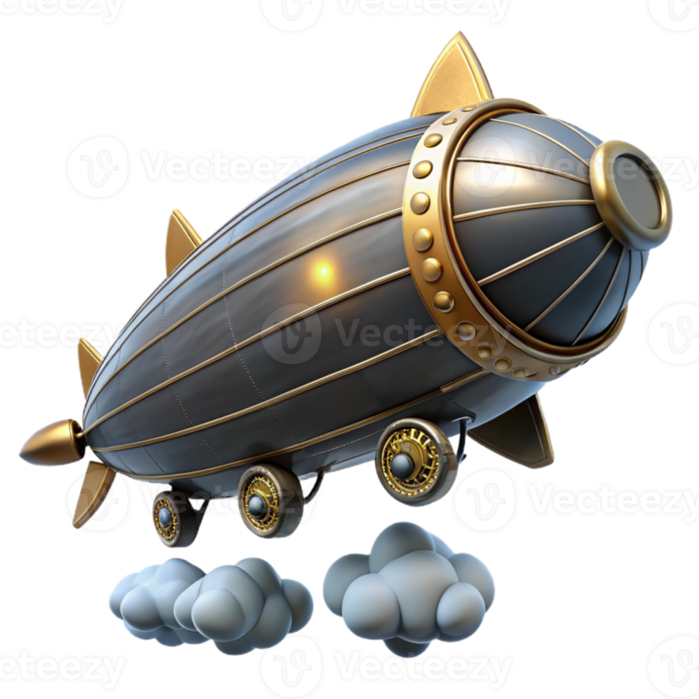 wonderful artistic A steampunk zeppelin, sleek design with visible gears and propellers, soaring through a cloudy sky, dramatic, cinematic lighting premium png