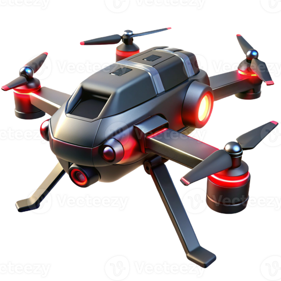 serene creative A futuristic weaponized drone hovers menacingly, its sleek, black chassis reflecting the red glow of its targeting system. Military sci-fi, photorealistic style professional png