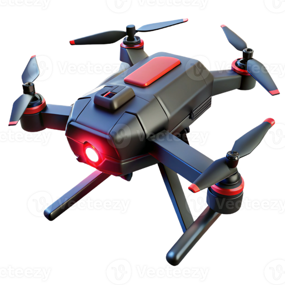 dramatic artistic A futuristic weaponized drone hovers menacingly, its sleek, black chassis reflecting the red glow of its targeting system. Military sci-fi, photorealistic style premium png