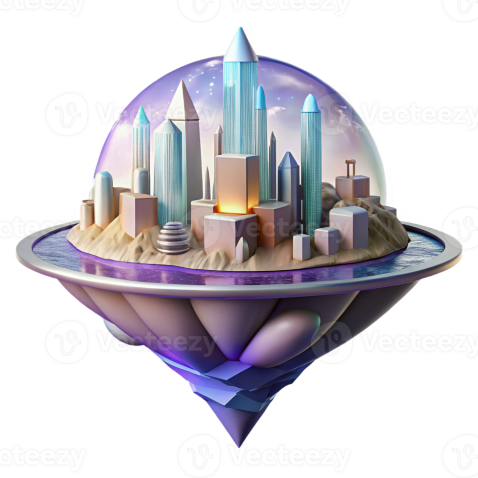 serene minimalist A floating island city drifts serenely above a gas giant, its crystal towers reflecting the planet's vibrant hues. Fantasy, ethereal style exclusive png