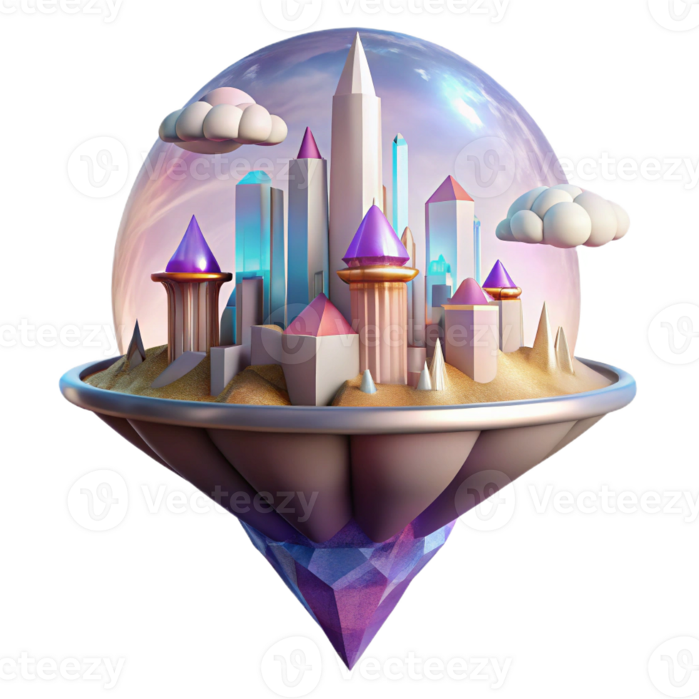 dramatic modern A floating island city drifts serenely above a gas giant, its crystal towers reflecting the planet's vibrant hues. Fantasy, ethereal style exclusive png