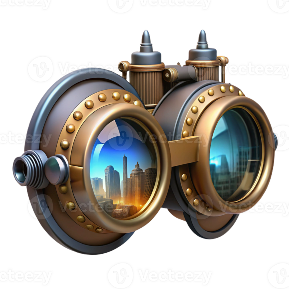 dramatic creative Steampunk goggles with intricate lenses and gears, reflecting a futuristic cityscape, cyberpunk-inspired lighting authentic png