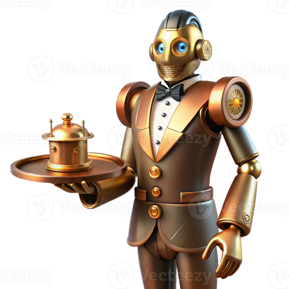 stunning contemporary A steampunk robot butler, polished brass and copper finish, holding a tray of gears, formal, ambient lighting detailed png