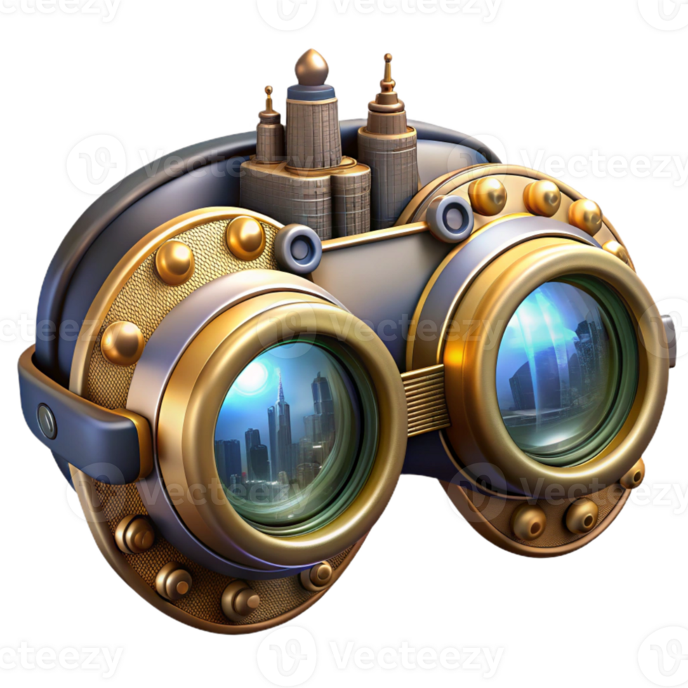 elegant creative Steampunk goggles with intricate lenses and gears, reflecting a futuristic cityscape, cyberpunk-inspired lighting detailed png