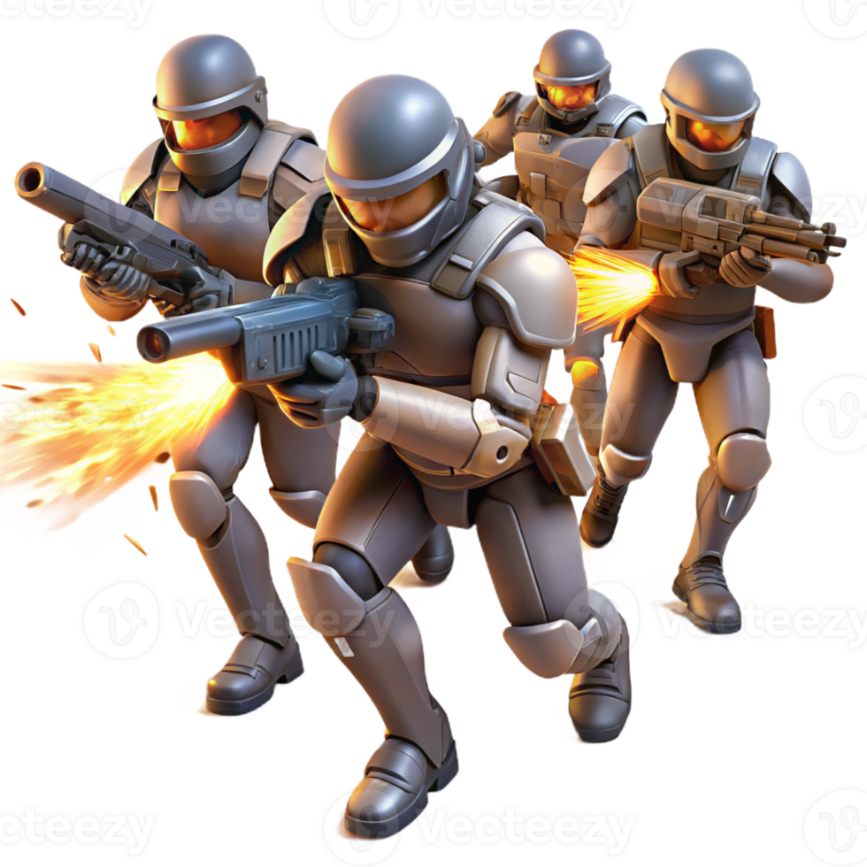 vibrant traditional A group of cybernetically enhanced soldiers charges into battle, their energy weapons blazing, illuminated by muzzle flashes and explosions. Military sci-fi, dynamic style premium png