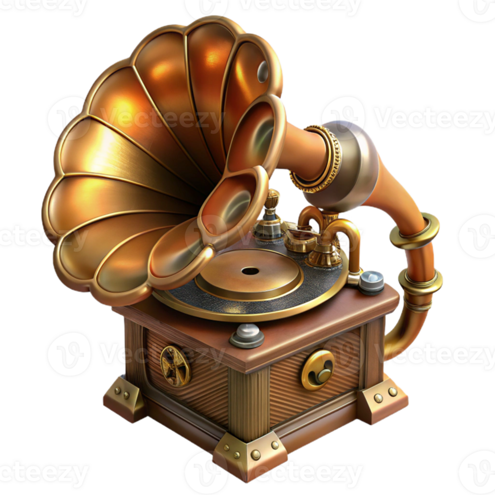 stunning traditional A steampunk gramophone, ornate brass horn and intricate gears, playing a melancholic tune, nostalgic, warm lighting exclusive png