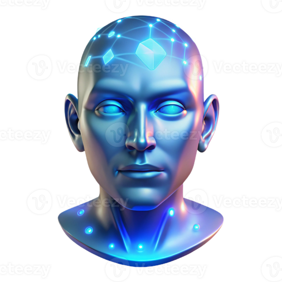 impressive artistic A holographic projection of a human face flickers in the air, illuminated by the blue light of a data stream. Cyberpunk, ethereal style exclusive png