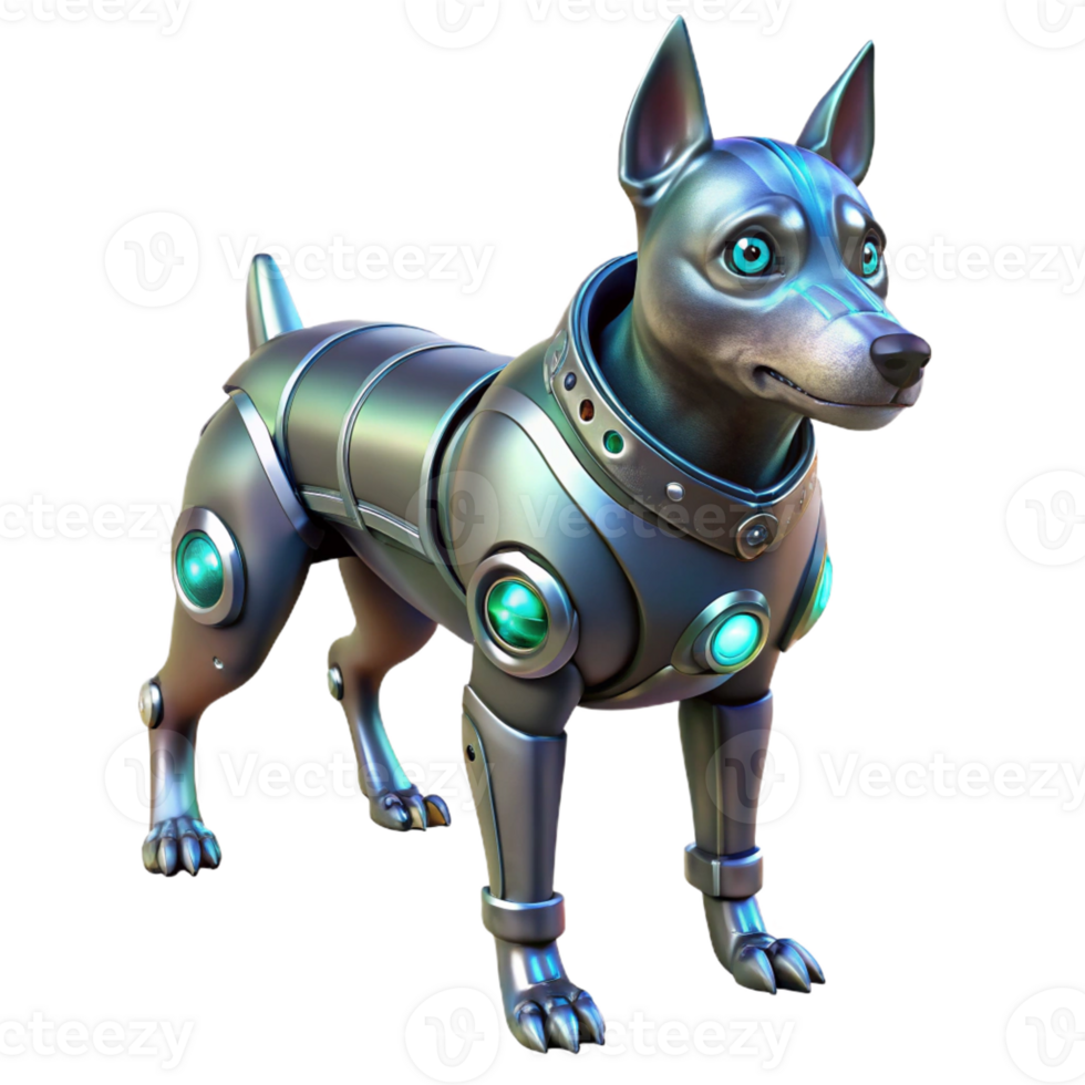 impressive abstract A cybernetically enhanced dog with glowing eyes and metallic limbs stands guard in a dimly lit alleyway. Cyberpunk, dystopian style high quality png