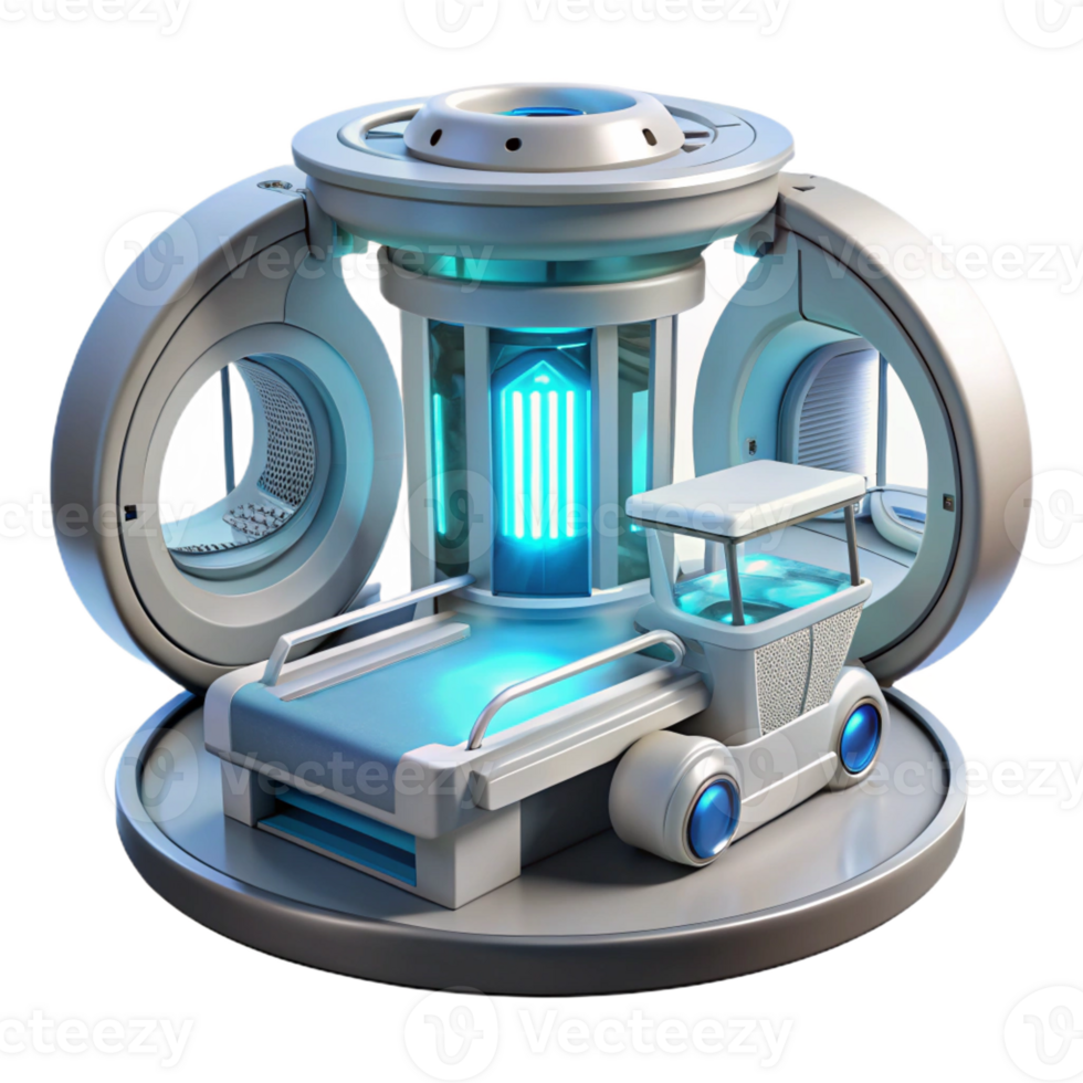 beautiful creative A futuristic medical bay filled with advanced technology, bathed in sterile, white light. Cyberpunk, clinical style exclusive png
