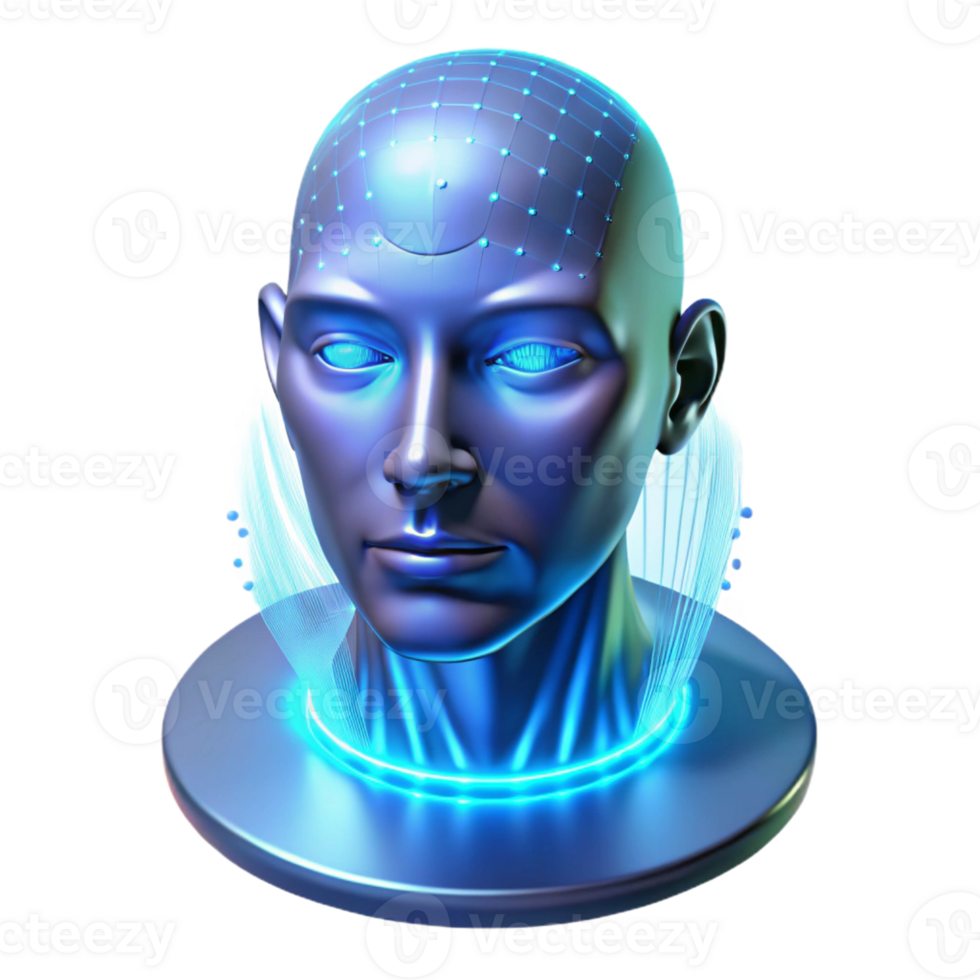extraordinary abstract A holographic projection of a human face flickers in the air, illuminated by the blue light of a data stream. Cyberpunk, ethereal style exclusive png