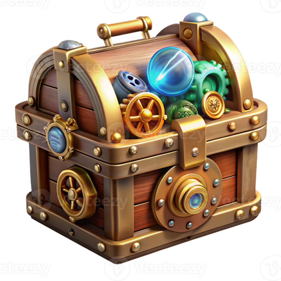 wonderful artistic A steampunk treasure chest, overflowing with gears, gems, and clockwork mechanisms, bright, adventurous lighting original png