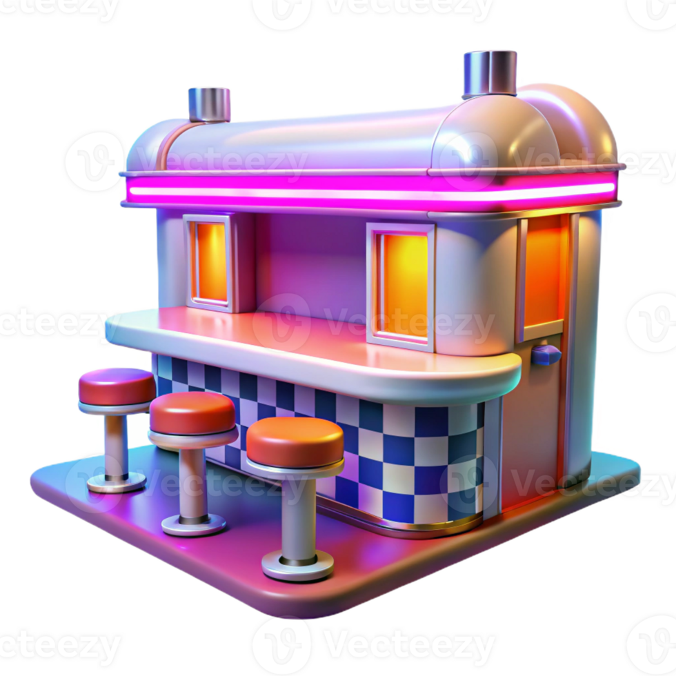 magnificent minimalist A vibrant, colorful painting of a 1950s diner with chrome stools, checkered floors, and a neon sign, bright, flat lighting, pop art style high resolution png