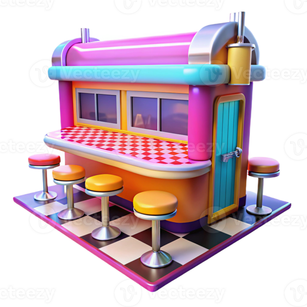 extraordinary rustic A vibrant, colorful painting of a 1950s diner with chrome stools, checkered floors, and a neon sign, bright, flat lighting, pop art style original png