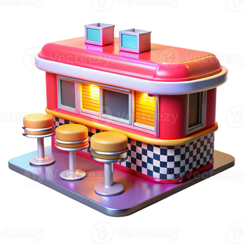 elegant rustic A vibrant, colorful painting of a 1950s diner with chrome stools, checkered floors, and a neon sign, bright, flat lighting, pop art style professional png