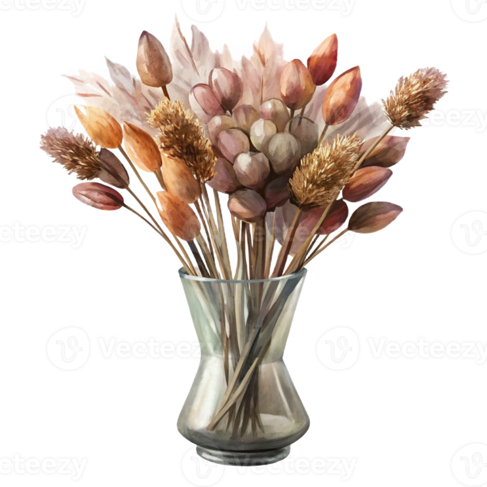 magnificent classic A watercolor painting of a bouquet of dried flowers in a vintage glass vase, soft, diffused lighting, romantic style exclusive png