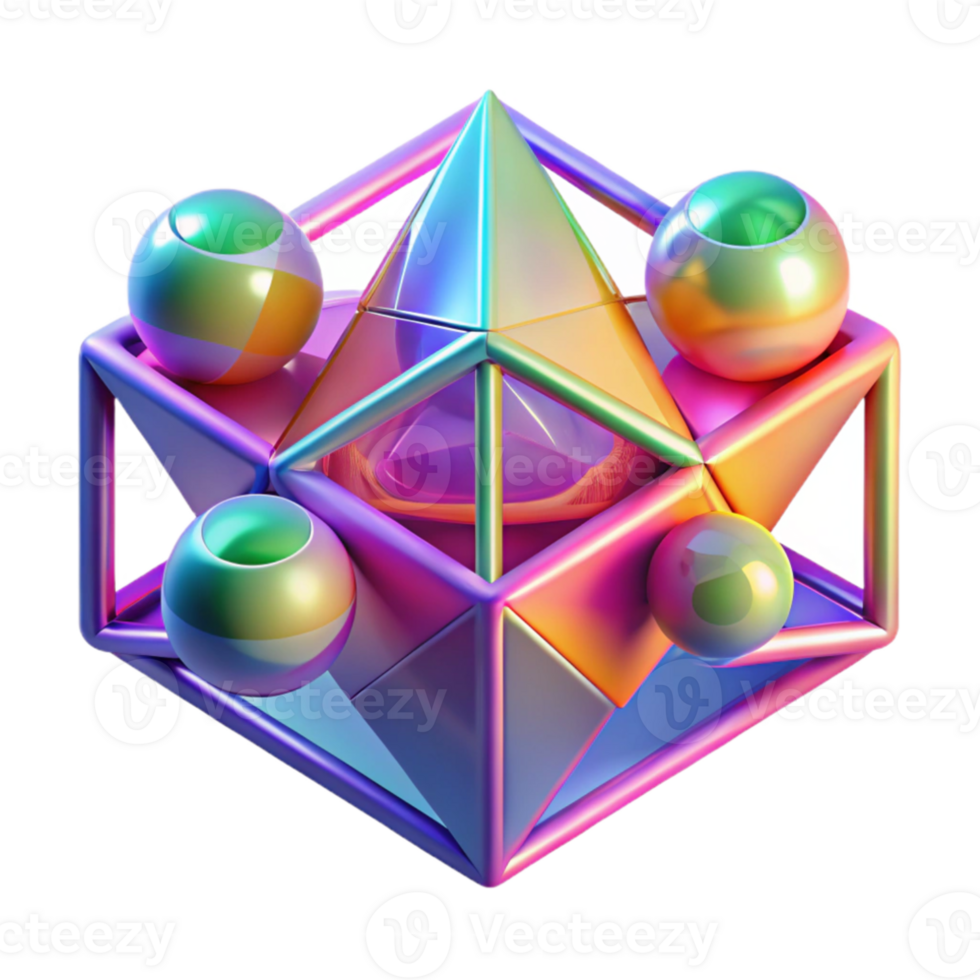 elegant abstract A field of geometric shapes, morphing and transforming into one another, with a vibrant, neon color palette, futuristic style premium png