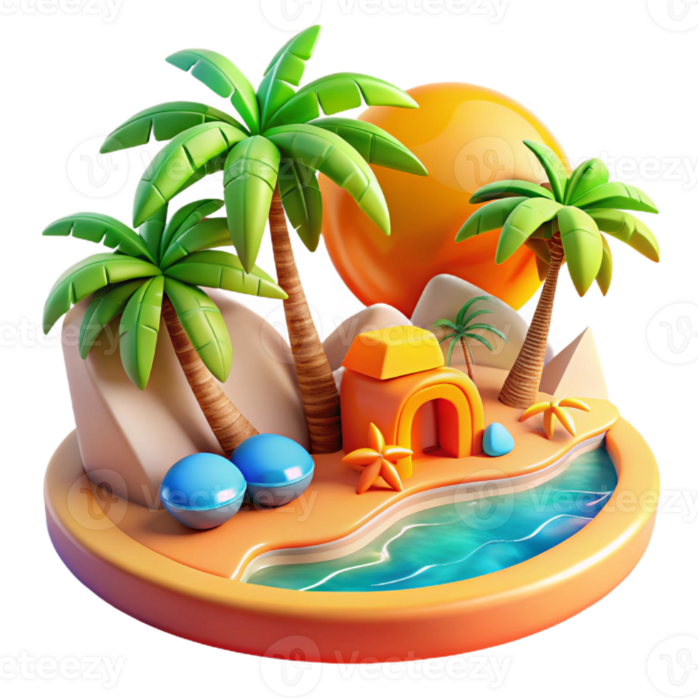 serene artistic A vintage travel poster depicting a tropical island paradise, bright, saturated colors, art deco style high resolution png