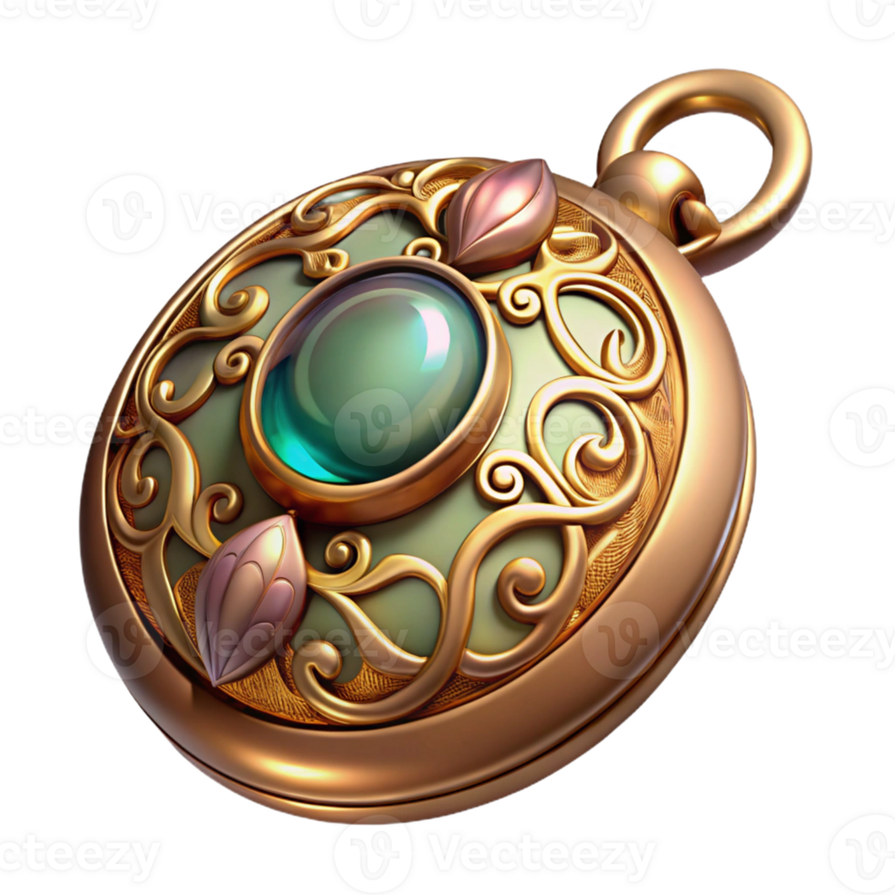 serene modern An intricate illustration of a vintage locket with delicate filigree and a gemstone, soft lighting, romantic style professional png
