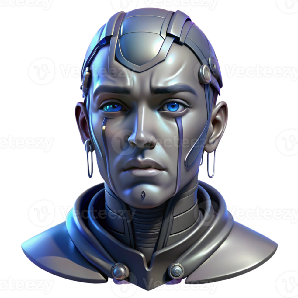 extraordinary creative Portrait of a melancholic cyborg, intricate metallic details, tears of liquid mercury streaming down face, dimly lit by a single overhead light, cyberpunk style high resolution png