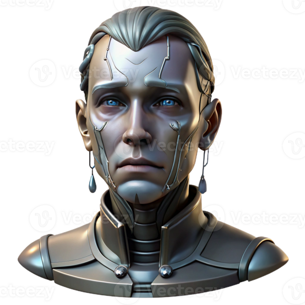 impressive creative Portrait of a melancholic cyborg, intricate metallic details, tears of liquid mercury streaming down face, dimly lit by a single overhead light, cyberpunk style high quality png