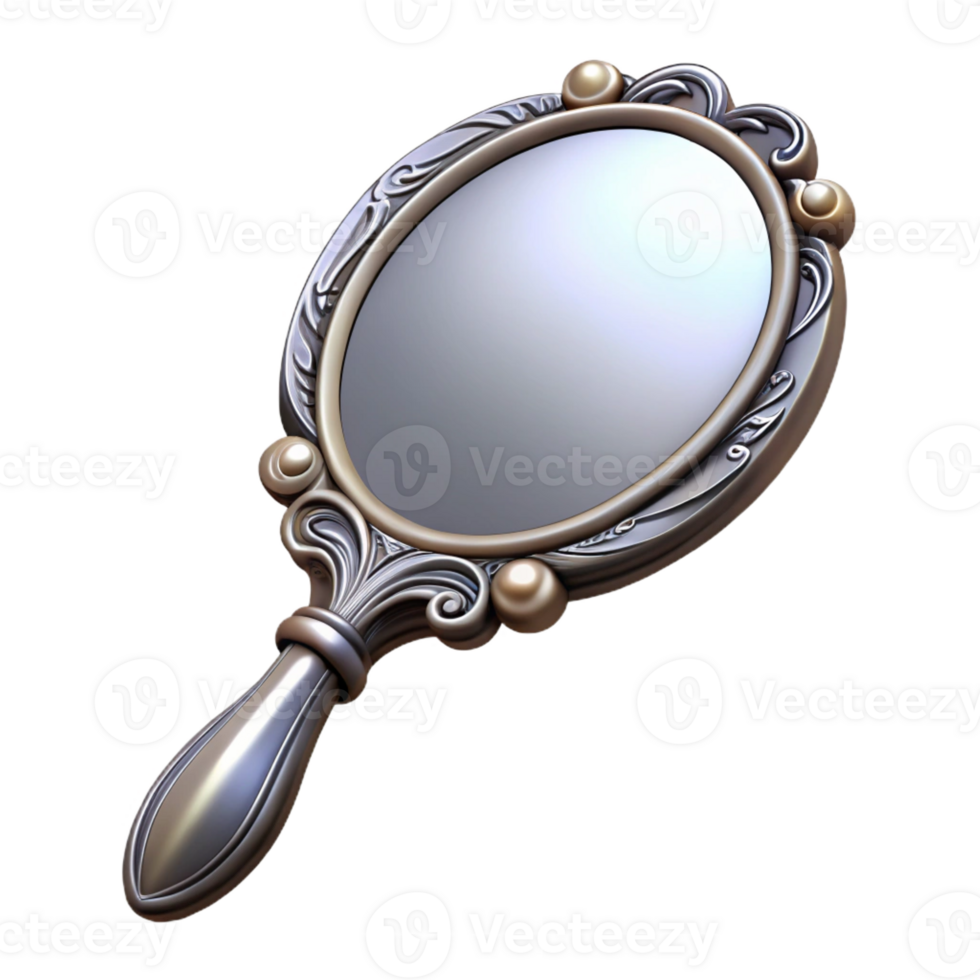 magnificent classic An intricate illustration of a vintage hand mirror with ornate carvings and a silver finish, soft lighting, elegant style genuine png
