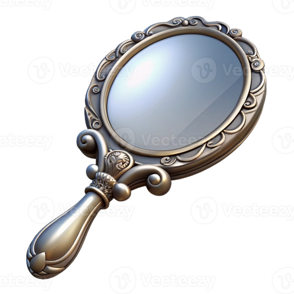 magnificent modern An intricate illustration of a vintage hand mirror with ornate carvings and a silver finish, soft lighting, elegant style authentic png