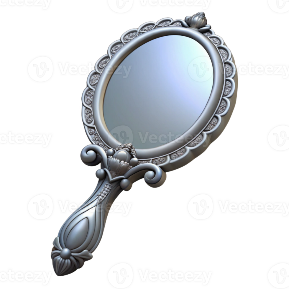 beautiful artistic An intricate illustration of a vintage hand mirror with ornate carvings and a silver finish, soft lighting, elegant style premium png