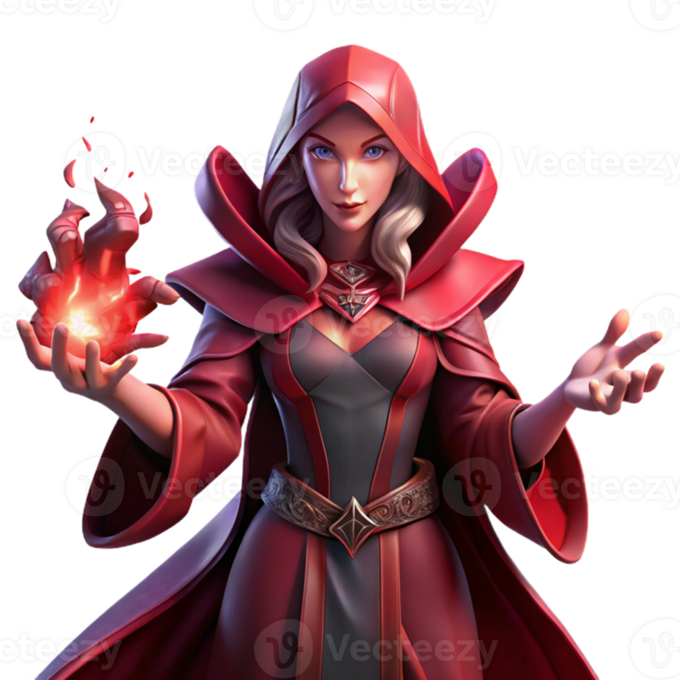 wonderful rustic Portrait of a powerful sorceress with flowing crimson robes, crackling energy emanating from her hands, dramatically lit from below, dark fantasy style high resolution png